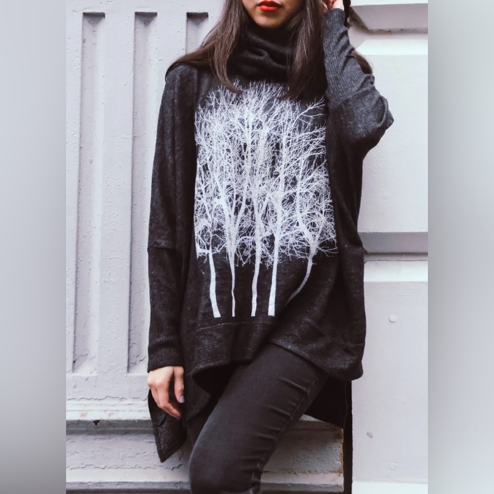 Avalove - Fairytale Trees Oversized Turtleneck Sweater - Charcoal - Size: XS/S